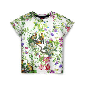 Детская футболка 3D с принтом Райский остров в Белгороде, 100% гипоаллергенный полиэфир | прямой крой, круглый вырез горловины, длина до линии бедер, чуть спущенное плечо, ткань немного тянется | Тематика изображения на принте: арт | краска | попугаи | попугай | прикольные | рай | тропики | цветные | цветок | цветы