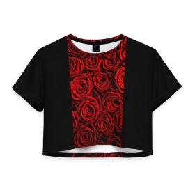 Женская футболка 3D укороченная с принтом Унисекс / Красные розы в Белгороде, 100% полиэстер | круглая горловина, длина футболки до линии талии, рукава с отворотами | букет | красный | лепестки | модные | полосы | природа | растения | розочки | розы | сад | тренды | цвет | цветы | черный
