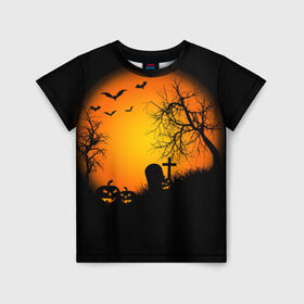 Детская футболка 3D с принтом Хэллоуин в Белгороде, 100% гипоаллергенный полиэфир | прямой крой, круглый вырез горловины, длина до линии бедер, чуть спущенное плечо, ткань немного тянется | Тематика изображения на принте: кладбище | тыквы | хэллоуин