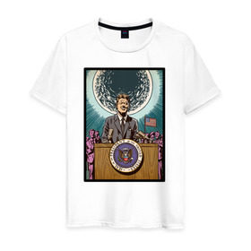 Мужская футболка хлопок с принтом Джон Кеннеди в Белгороде, 100% хлопок | прямой крой, круглый вырез горловины, длина до линии бедер, слегка спущенное плечо. | apollo | nasa | usa | аполлон | высадка на луну | космическая гонка | луна | лунная программа | наса | президент америки | сша