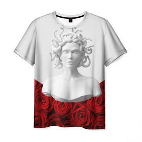 Мужская футболка 3D с принтом Унисекс / Snake roses girl в Белгороде, 100% полиэфир | прямой крой, круглый вырез горловины, длина до линии бедер | букет | веты | красный | лепестки | модные | полосы | природа | растения | розочки | розы | сад | тренды | цвет | черный