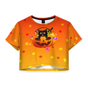 Женская футболка 3D укороченная с принтом Happy Halloween! в Белгороде, 100% полиэстер | круглая горловина, длина футболки до линии талии, рукава с отворотами | 31 октября | cat | halloween | абстракция | арт | животные | звезды | котики | коты | кошки | милые | праздник | тыква | хэллоуин