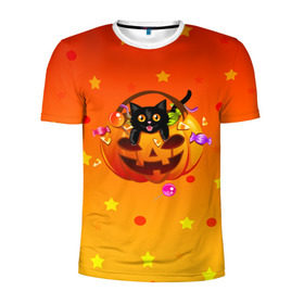 Мужская футболка 3D спортивная с принтом Happy Halloween! в Белгороде, 100% полиэстер с улучшенными характеристиками | приталенный силуэт, круглая горловина, широкие плечи, сужается к линии бедра | 31 октября | cat | halloween | абстракция | арт | животные | звезды | котики | коты | кошки | милые | праздник | тыква | хэллоуин