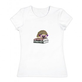 Женская футболка хлопок с принтом Ёжик в Белгороде, 100% хлопок | прямой крой, круглый вырез горловины, длина до линии бедер, слегка спущенное плечо |  ежик