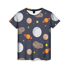 Женская футболка 3D с принтом Луна в Белгороде, 100% полиэфир ( синтетическое хлопкоподобное полотно) | прямой крой, круглый вырез горловины, длина до линии бедер | астероид | луна | метеорит | планета | сатурн | юпитер