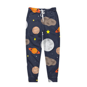Мужские брюки 3D с принтом Луна в Белгороде, 100% полиэстер | манжеты по низу, эластичный пояс регулируется шнурком, по бокам два кармана без застежек, внутренняя часть кармана из мелкой сетки | астероид | луна | метеорит | планета | сатурн | юпитер