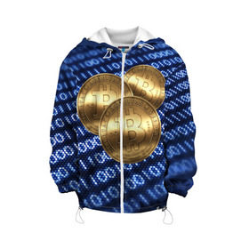 Детская куртка 3D с принтом Bitcoin в Белгороде, 100% полиэстер | застежка — молния, подол и капюшон оформлены резинкой с фиксаторами, по бокам — два кармана без застежек, один потайной карман на груди, плотность верхнего слоя — 90 г/м2; плотность флисового подклада — 260 г/м2 | bitcoin | блокчейн | криптовалюта