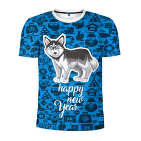 Мужская футболка 3D спортивная с принтом Хаски(новый год) в Белгороде, 100% полиэстер с улучшенными характеристиками | приталенный силуэт, круглая горловина, широкие плечи, сужается к линии бедра | christmas | new year | santa | год собаки | дед мороз | елка | елочки | новогодний | новый год | рождество | сантаклаус | снег | снежинки | собака