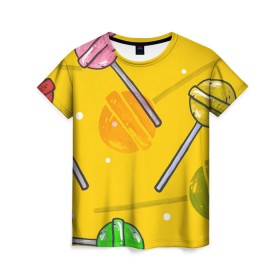 Женская футболка 3D с принтом Чупа-Чупс в Белгороде, 100% полиэфир ( синтетическое хлопкоподобное полотно) | прямой крой, круглый вырез горловины, длина до линии бедер | конфеты | леденец | паттерн | сладость | узор | чупа чупс