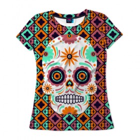 Женская футболка 3D с принтом Цветочный череп в Белгороде, 100% полиэфир ( синтетическое хлопкоподобное полотно) | прямой крой, круглый вырез горловины, длина до линии бедер | skull | мексика | орнамент | узоры | цветы | череп