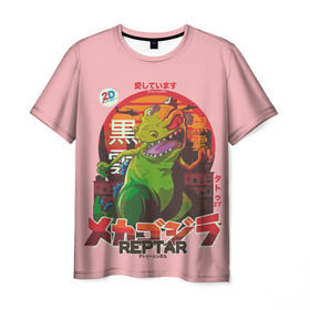 Мужская футболка 3D с принтом Годзилла в Белгороде, 100% полиэфир | прямой крой, круглый вырез горловины, длина до линии бедер | lizard | raptor | reptar | t rex  dino | годзила | годзилла | динозавр | иероглифы | монстр | япония | ящер