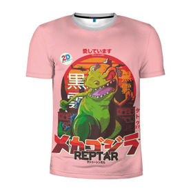 Мужская футболка 3D спортивная с принтом Годзилла в Белгороде, 100% полиэстер с улучшенными характеристиками | приталенный силуэт, круглая горловина, широкие плечи, сужается к линии бедра | Тематика изображения на принте: lizard | raptor | reptar | t rex  dino | годзила | годзилла | динозавр | иероглифы | монстр | япония | ящер