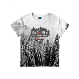 Детская футболка 3D с принтом Приключение(Wild life) в Белгороде, 100% гипоаллергенный полиэфир | прямой крой, круглый вырез горловины, длина до линии бедер, чуть спущенное плечо, ткань немного тянется | mountain | возвышение | возвышенность | гора | горка | горы | лес | природа | склон | туман | холм