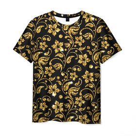 Мужская футболка 3D с принтом Люкс в Белгороде, 100% полиэфир | прямой крой, круглый вырез горловины, длина до линии бедер | diamond | flowers | gold | golden | блеск | богатство | бриллиант | злато | золото | орнамент | узор | цветы