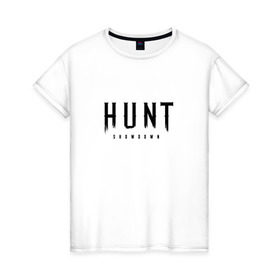 Женская футболка хлопок с принтом Hunt: Showdown Black Logo в Белгороде, 100% хлопок | прямой крой, круглый вырез горловины, длина до линии бедер, слегка спущенное плечо | crytek | game | hunt | hunt: showdown | hunter | monsters | showdown | игра | крайтек | охота | столкновение