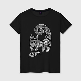 Женская футболка хлопок с принтом Кот3 в Белгороде, 100% хлопок | прямой крой, круглый вырез горловины, длина до линии бедер, слегка спущенное плечо |  кот | котик | рыба | узор | узоры