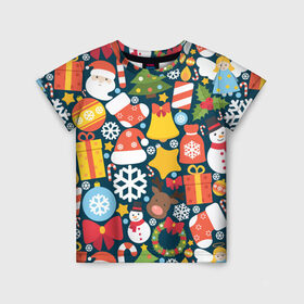 Детская футболка 3D с принтом Новогодний набор в Белгороде, 100% гипоаллергенный полиэфир | прямой крой, круглый вырез горловины, длина до линии бедер, чуть спущенное плечо, ткань немного тянется | new year | елка | новый год | подарок | снеговик | снежинка