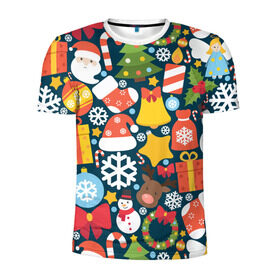 Мужская футболка 3D спортивная с принтом Новогодний набор в Белгороде, 100% полиэстер с улучшенными характеристиками | приталенный силуэт, круглая горловина, широкие плечи, сужается к линии бедра | new year | елка | новый год | подарок | снеговик | снежинка
