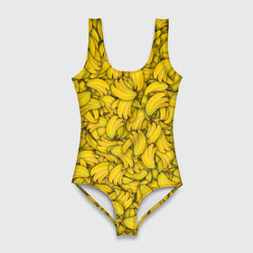 Купальник-боди 3D с принтом Бананы в Белгороде, 82% полиэстер, 18% эластан | Круглая горловина, круглый вырез на спине | banana | vegan | банан | веган | желтый | паттерн | текстура | фрукт
