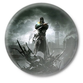 Значок с принтом Dishonored 2 в Белгороде,  металл | круглая форма, металлическая застежка в виде булавки | dunwall | дануолл | корво аттано