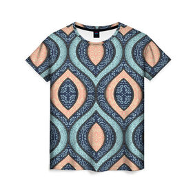 Женская футболка 3D с принтом Восточные узоры в Белгороде, 100% полиэфир ( синтетическое хлопкоподобное полотно) | прямой крой, круглый вырез горловины, длина до линии бедер | бежевый | кружево | мода | модные | синий | узоры | цвет | цветные | яркие