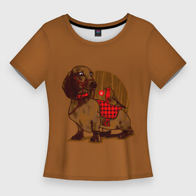 Женская футболка 3D Slim с принтом Такса и птичка в Белгороде,  |  | дворняга | дог | дом | животное | зверь | зоо | кабель | клыки | надпись | оскал | пасть | пес | питомец | природа | псина | собака | собачка | цербер | шавка | шакал | щенок