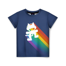 Детская футболка 3D с принтом Rainbow cat в Белгороде, 100% гипоаллергенный полиэфир | прямой крой, круглый вырез горловины, длина до линии бедер, чуть спущенное плечо, ткань немного тянется | Тематика изображения на принте: 