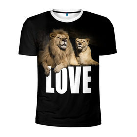 Мужская футболка 3D спортивная с принтом LOVE в Белгороде, 100% полиэстер с улучшенными характеристиками | приталенный силуэт, круглая горловина, широкие плечи, сужается к линии бедра | влюблённые | дикая кошка | животные | лев | львица | любовь | пара | природа | свадьба