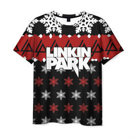 Мужская футболка 3D с принтом Праздничный Linkin Park в Белгороде, 100% полиэфир | прямой крой, круглый вырез горловины, длина до линии бедер | Тематика изображения на принте: b | chester | linkin park | альтернативный метал | альтернативный рок | беннингтон | группа | знак | красный | линкин парк | музыкант | надпись | новогодний | новый год | ню метал | певец | праздник | рождество