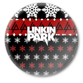 Значок с принтом Праздничный Linkin Park в Белгороде,  металл | круглая форма, металлическая застежка в виде булавки | Тематика изображения на принте: b | chester | linkin park | альтернативный метал | альтернативный рок | беннингтон | группа | знак | красный | линкин парк | музыкант | надпись | новогодний | новый год | ню метал | певец | праздник | рождество