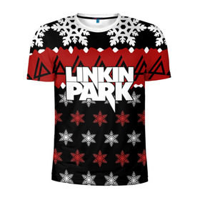 Мужская футболка 3D спортивная с принтом Праздничный Linkin Park в Белгороде, 100% полиэстер с улучшенными характеристиками | приталенный силуэт, круглая горловина, широкие плечи, сужается к линии бедра | Тематика изображения на принте: b | chester | linkin park | альтернативный метал | альтернативный рок | беннингтон | группа | знак | красный | линкин парк | музыкант | надпись | новогодний | новый год | ню метал | певец | праздник | рождество
