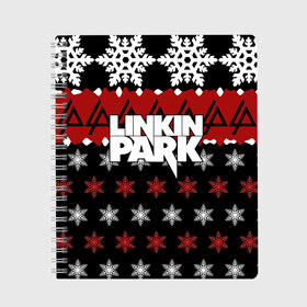 Тетрадь с принтом Праздничный Linkin Park в Белгороде, 100% бумага | 48 листов, плотность листов — 60 г/м2, плотность картонной обложки — 250 г/м2. Листы скреплены сбоку удобной пружинной спиралью. Уголки страниц и обложки скругленные. Цвет линий — светло-серый
 | Тематика изображения на принте: b | chester | linkin park | альтернативный метал | альтернативный рок | беннингтон | группа | знак | красный | линкин парк | музыкант | надпись | новогодний | новый год | ню метал | певец | праздник | рождество