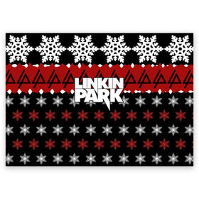 Поздравительная открытка с принтом Праздничный Linkin Park в Белгороде, 100% бумага | плотность бумаги 280 г/м2, матовая, на обратной стороне линовка и место для марки
 | Тематика изображения на принте: b | chester | linkin park | альтернативный метал | альтернативный рок | беннингтон | группа | знак | красный | линкин парк | музыкант | надпись | новогодний | новый год | ню метал | певец | праздник | рождество