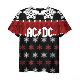 Мужская футболка 3D с принтом Праздничный AC/DC в Белгороде, 100% полиэфир | прямой крой, круглый вырез горловины, длина до линии бедер | Тематика изображения на принте: ac dc | acdc | for those about to ro | австралийская | ангус янг | блюз рок | головы | группа | знак | красный | крис слэйд | музыканты | надпись | новогодний | новый год | певцы | праздник | рождество | рок | рок н ролл