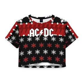 Женская футболка 3D укороченная с принтом Праздничный AC/DC в Белгороде, 100% полиэстер | круглая горловина, длина футболки до линии талии, рукава с отворотами | ac dc | acdc | for those about to ro | австралийская | ангус янг | блюз рок | головы | группа | знак | красный | крис слэйд | музыканты | надпись | новогодний | новый год | певцы | праздник | рождество | рок | рок н ролл