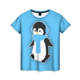 Женская футболка 3D с принтом Penguin blue в Белгороде, 100% полиэфир ( синтетическое хлопкоподобное полотно) | прямой крой, круглый вырез горловины, длина до линии бедер | blue | cartoon | penguin | милый | мультик | мультфильм | пингвин | рисунок