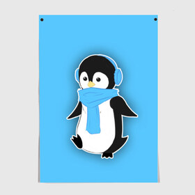 Постер с принтом Penguin blue в Белгороде, 100% бумага
 | бумага, плотность 150 мг. Матовая, но за счет высокого коэффициента гладкости имеет небольшой блеск и дает на свету блики, но в отличии от глянцевой бумаги не покрыта лаком | blue | cartoon | penguin | милый | мультик | мультфильм | пингвин | рисунок