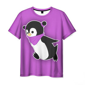 Мужская футболка 3D с принтом Penguin purple в Белгороде, 100% полиэфир | прямой крой, круглый вырез горловины, длина до линии бедер | Тематика изображения на принте: cartoon | penguin | purple | милый | мультик | мультфильм | пингвин | рисунок | фиолетовый