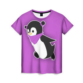 Женская футболка 3D с принтом Penguin purple в Белгороде, 100% полиэфир ( синтетическое хлопкоподобное полотно) | прямой крой, круглый вырез горловины, длина до линии бедер | cartoon | penguin | purple | милый | мультик | мультфильм | пингвин | рисунок | фиолетовый