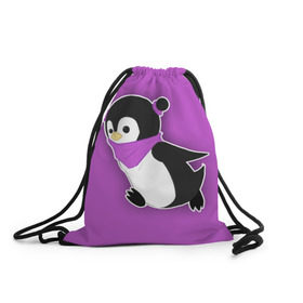 Рюкзак-мешок 3D с принтом Penguin purple в Белгороде, 100% полиэстер | плотность ткани — 200 г/м2, размер — 35 х 45 см; лямки — толстые шнурки, застежка на шнуровке, без карманов и подкладки | cartoon | penguin | purple | милый | мультик | мультфильм | пингвин | рисунок | фиолетовый