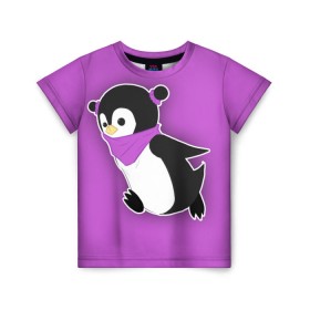 Детская футболка 3D с принтом Penguin purple в Белгороде, 100% гипоаллергенный полиэфир | прямой крой, круглый вырез горловины, длина до линии бедер, чуть спущенное плечо, ткань немного тянется | cartoon | penguin | purple | милый | мультик | мультфильм | пингвин | рисунок | фиолетовый
