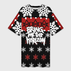 Платье-футболка 3D с принтом Праздничный Bring Me the Horizon в Белгороде,  |  | bmth | bring me the horizon | альтернативный метал | альтернативный рок | группа | достань для меня горизонт | дэткор | знак | красный | метал | надпись | новогодний | новый год | праздник | рождество | рок