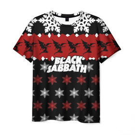 Мужская футболка 3D с принтом Праздничный Black Sabbath в Белгороде, 100% полиэфир | прямой крой, круглый вырез горловины, длина до линии бедер | black sabbath | группа | новогодний | новый год | рождество | свитер | снежинки | хард рок | хеви метал