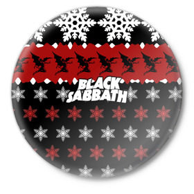 Значок с принтом Праздничный Black Sabbath в Белгороде,  металл | круглая форма, металлическая застежка в виде булавки | black sabbath | группа | новогодний | новый год | рождество | свитер | снежинки | хард рок | хеви метал