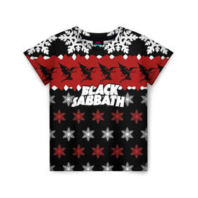 Детская футболка 3D с принтом Праздничный Black Sabbath в Белгороде, 100% гипоаллергенный полиэфир | прямой крой, круглый вырез горловины, длина до линии бедер, чуть спущенное плечо, ткань немного тянется | black sabbath | группа | новогодний | новый год | рождество | свитер | снежинки | хард рок | хеви метал