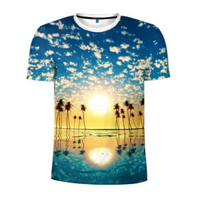 Мужская футболка 3D спортивная с принтом Туристический Рай в Белгороде, 100% полиэстер с улучшенными характеристиками | приталенный силуэт, круглая горловина, широкие плечи, сужается к линии бедра | блик | вода | волна | восход | закат | море | небо | облако | отблеск | отпуск | отражение | пальма | солнце | турист