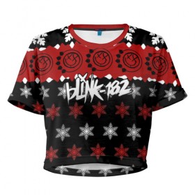 Женская футболка 3D укороченная с принтом Праздничный Blink-182 в Белгороде, 100% полиэстер | круглая горловина, длина футболки до линии талии, рукава с отворотами | blink | альтернативный рок | блинк | группа | знак | красный | марк хоппус | музыка | мэтт скиба | надпись | новогодний | новый год | панк | панк рок | песни | поп панк | праздник | рождество | рок