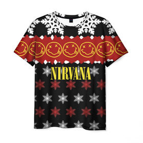 Мужская футболка 3D с принтом Nirvana праздничный в Белгороде, 100% полиэфир | прямой крой, круглый вырез горловины, длина до линии бедер | cobain | kurt | nirvana | альтернативный | боритон | гранж | группа | дональд | знак | кобейн | красный | крист новоселич | курт | музыка | музыкант | надпись | нирвана | новогодний | новый год | певец | праздник