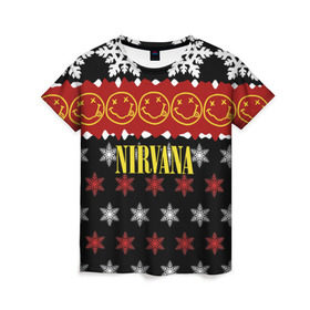 Женская футболка 3D с принтом Nirvana праздничный в Белгороде, 100% полиэфир ( синтетическое хлопкоподобное полотно) | прямой крой, круглый вырез горловины, длина до линии бедер | cobain | kurt | nirvana | альтернативный | боритон | гранж | группа | дональд | знак | кобейн | красный | крист новоселич | курт | музыка | музыкант | надпись | нирвана | новогодний | новый год | певец | праздник