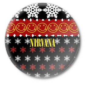 Значок с принтом Nirvana праздничный в Белгороде,  металл | круглая форма, металлическая застежка в виде булавки | cobain | kurt | nirvana | альтернативный | боритон | гранж | группа | дональд | знак | кобейн | красный | крист новоселич | курт | музыка | музыкант | надпись | нирвана | новогодний | новый год | певец | праздник